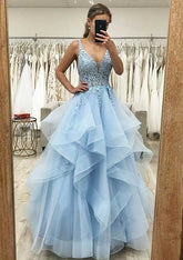 A-Line V-Neck Sleeveless Long Tulle Satin Prom Dress/Evening Dress With Laced Appliqu¨¦